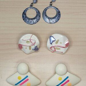 3 Pairs of Earrings: Blue Silver Dangle, Plastic Paint Drip Circular & Fan Studs